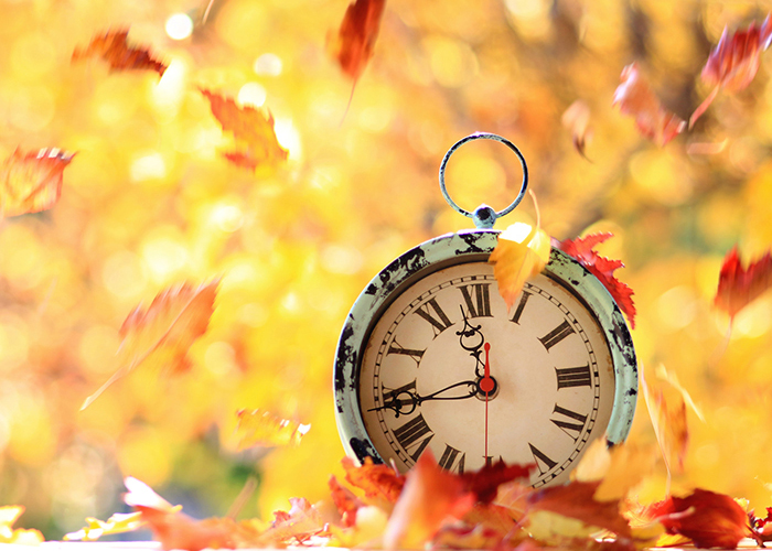 Autumn Leaves Blowing In The Wind Across An Antique Alarm Clock horloge