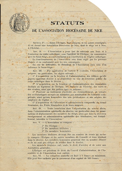 Les statuts de l’Association diocésaine de Nice, 1924